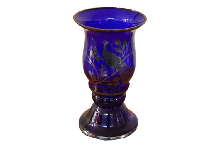 German Handblown Cobalt Blue Glass Urn With Sterling Inlay