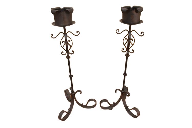 Pair Scrolled Wrought Iron Candle Holders