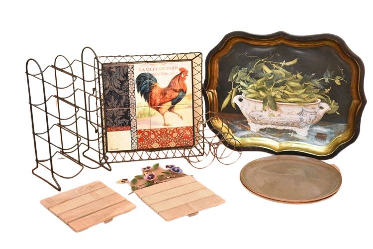 : Group of Decorative Kitchen Trays, Frames, and Iron Wine Holder