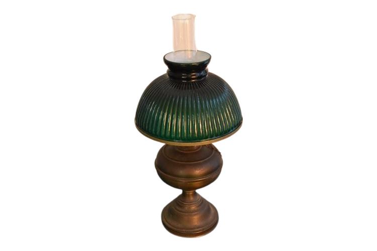 Antique Oil Lamp w/ Green Shade Electrified