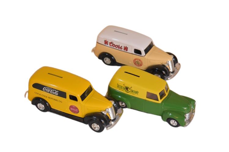 Group Of Vintage, Cast Iron, Three Panel Model Van Coin Bank