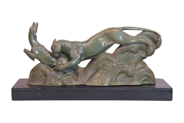 Alexander Ouline Original  Art Deco Bronze Sculpture of Panther and Gazelle