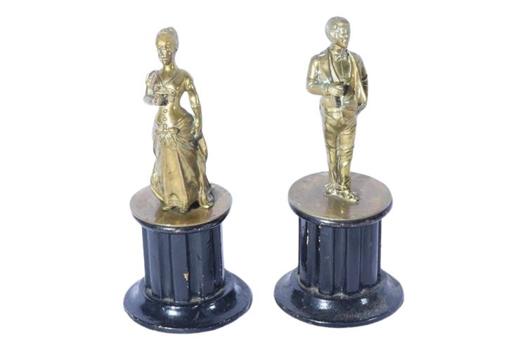 Pair vintage Bronze Figurines On Painted Column Form Bases