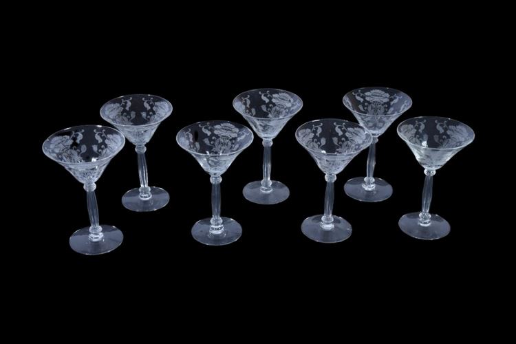 Seven (7) Vintage Etched Martini Glasses