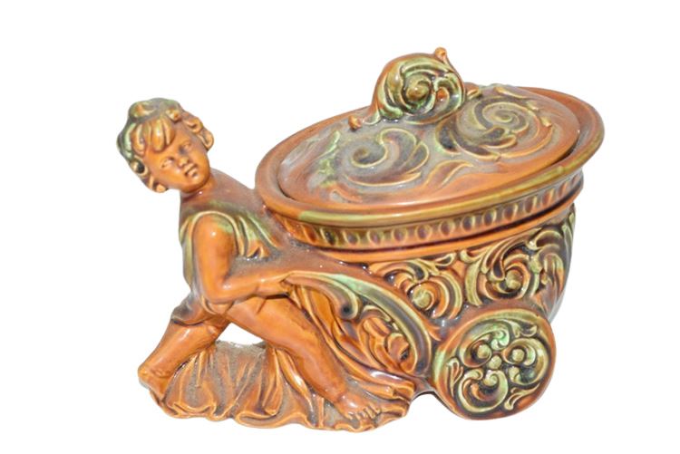 Hollywood Regency Covered Candy Dish Bowl Child Pushing Cart Ceramic