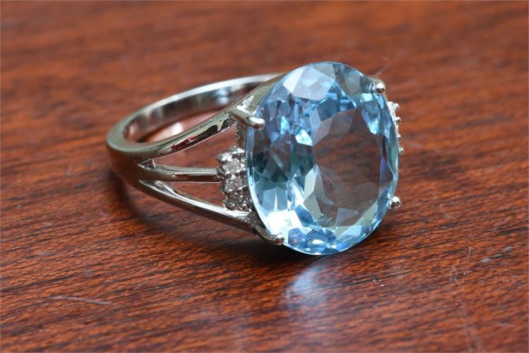 14k White Gold Swiss Blue Topaz and Diamond Ring