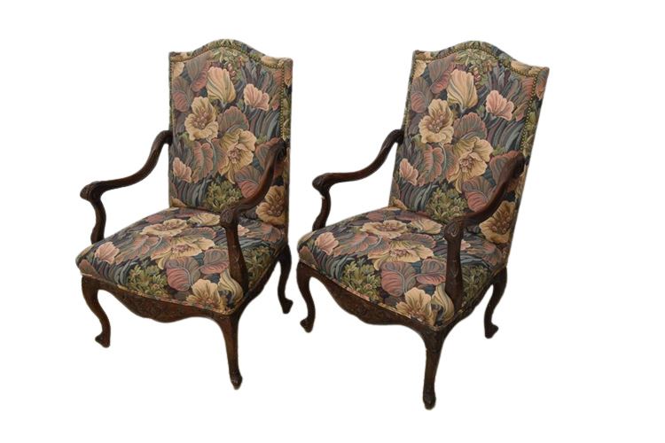 Pair Carved Louie XV Style Armchairs