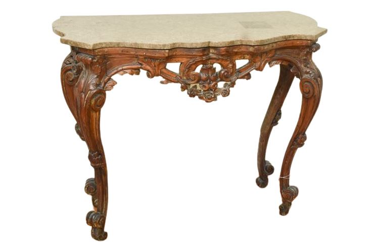 Carved Mahogany Marble Top Console Table