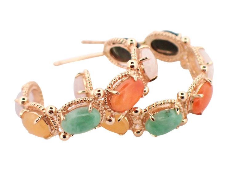 14K Yellow Gold Multi-Color Jade Earrings