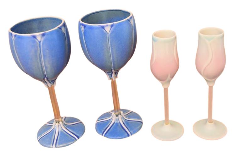 NEWMAN Ceramic Works Wine Goblets Glass & Vintage Rose Form Champagne Flutes
