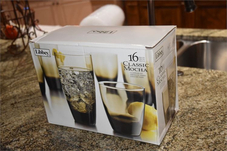 Companies Estate Sales Libbey Classic Mocha 16 Piece Tumbler And Rocks Glass Set 9923