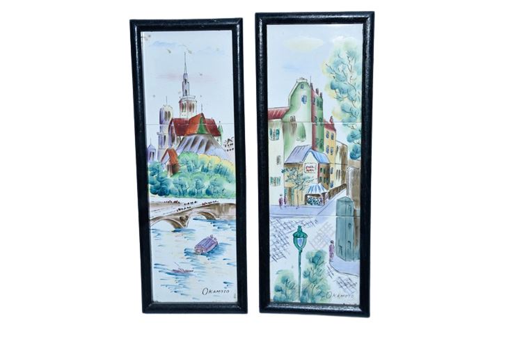 Pair Framed Tile Art Signed Okamoto