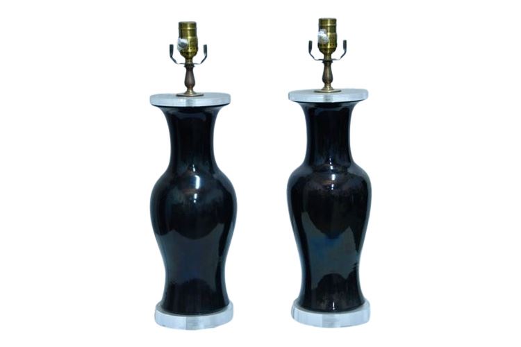 Pair Black Porcelain Vasiform Table Lamps with Round Lucite Bases