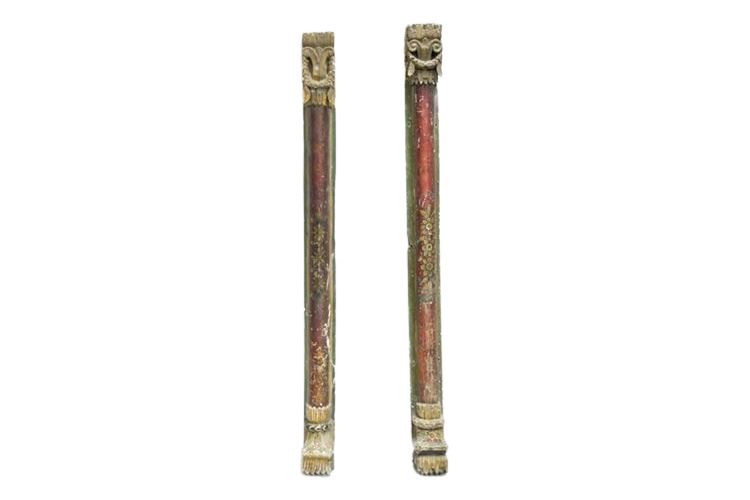 Pair Antique Polychrome Painted, Carved  and Gilt Wooden  Architectural Pillars