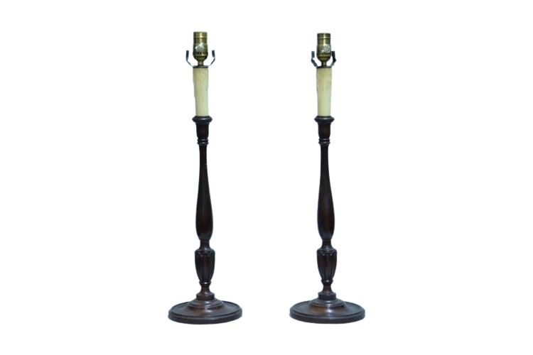 Pair Vintage Wooden candle Sticks Mounted as Lamps