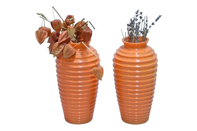 Pair Orange Decorated Glass  Beehive Form Vases