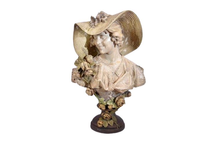 Large Antique Pottery Bust Woman in a Hat