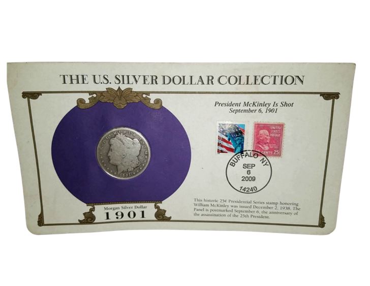 1901 Morgan Silver Dollar and Commemerative Stamps