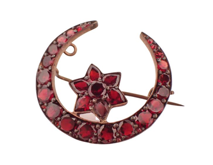 Antique Bohemian Garnet Crescent Moon Brooch