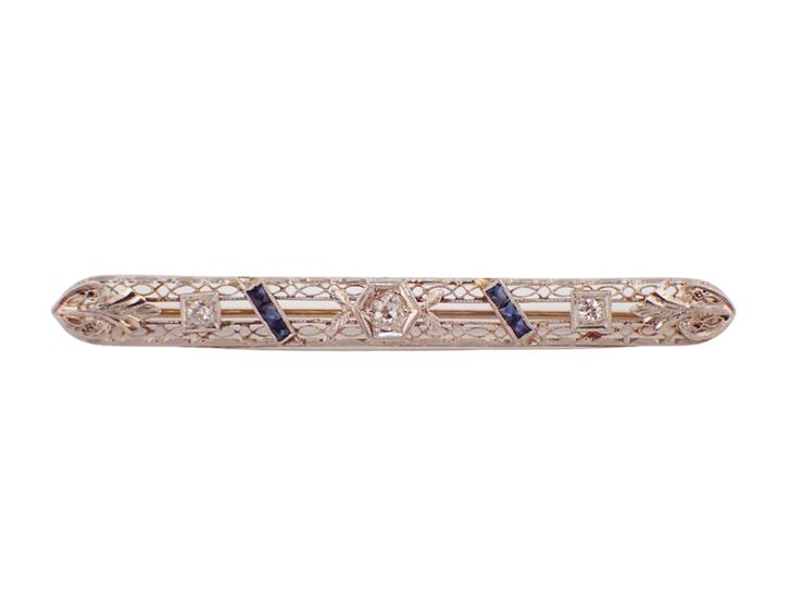 18K White Gold Old Mine Diamond & Sapphire Bar Pin, c. 1920s