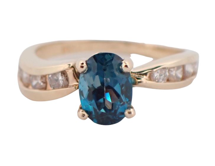 14K Yellow Gold London Blue Topaz and Diamond Ring