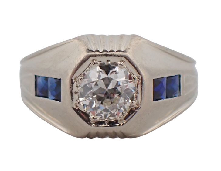 20K White Gold Old European Cut Diamond and Sapphire Ring