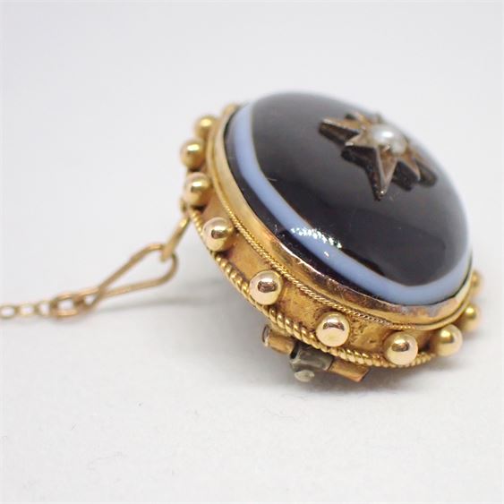 Victorian Mourning Brooch 14K Gold Onyx and Pearl