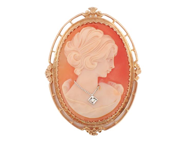 14K YG Shell Cameo Brooch Pin/Pendant with WG Diamond Necklace, Signed