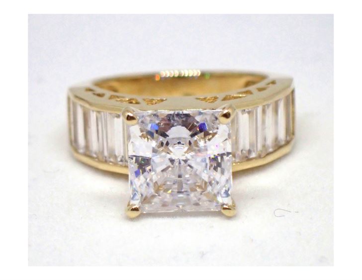 14K YG Princess and Baguette Cut CZ Ring