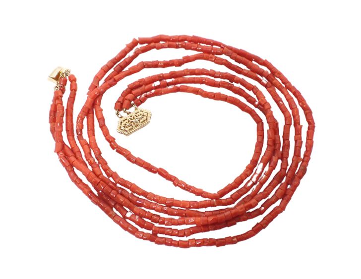 Triple Strand Mediterranean Coral Bead Necklace with 14K YG Filigree Clasp (New)