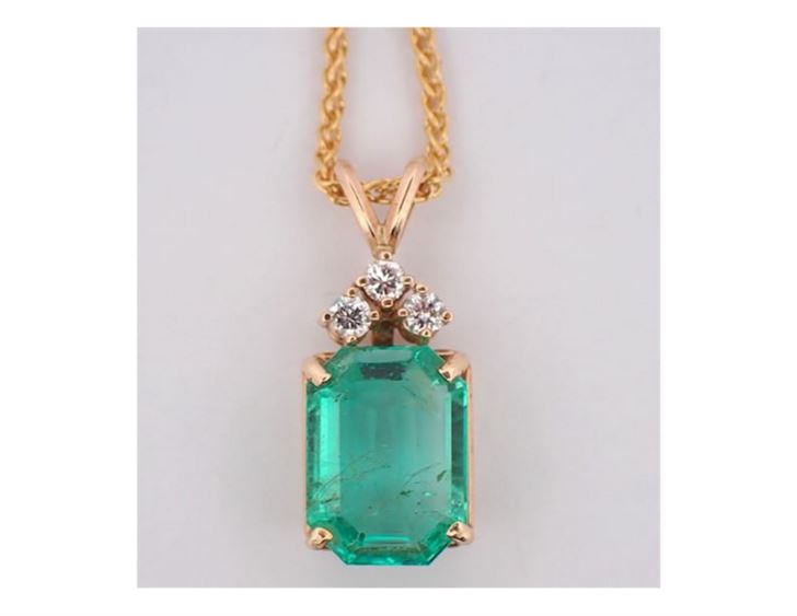 14K Yellow Gold 6.80 Carat Emerald and Diamond Pendant Necklace