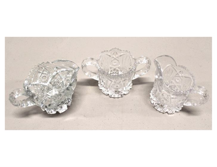 American Brilliant Cut Glass Sugar Bowl and Cream Pitchers, 3 Pc