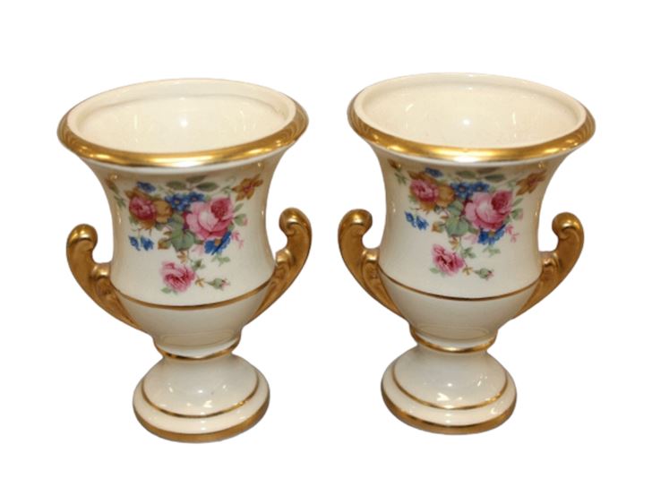 Pair French Sevres Style Porcelain Small Rose Floral Figural Gold Trim Urns