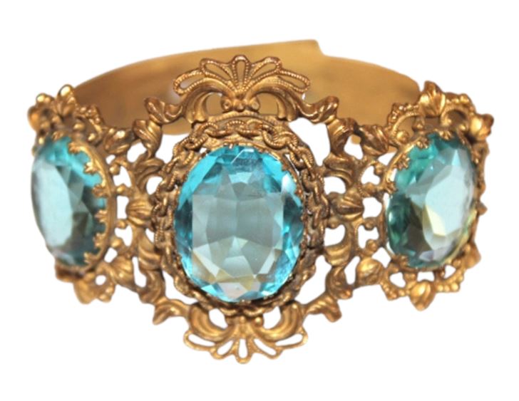 Elaborate Jeweled Gilt Metal Statement Cuff Bracelet, Late 19th c.