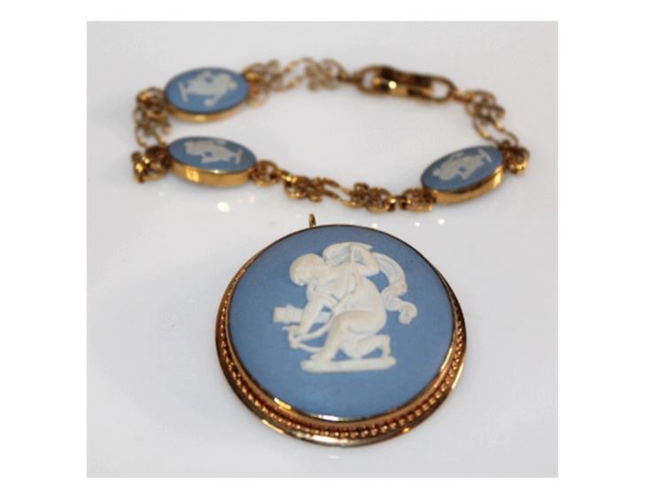 Van Dell 14K GF Wedgewood Blue Brooch/Pendant & Bracelet, 2 Pc