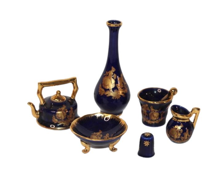 Limoges Cobalt Blue & Gold Courting Porcelain Lot, 7 Pc Miniature Set