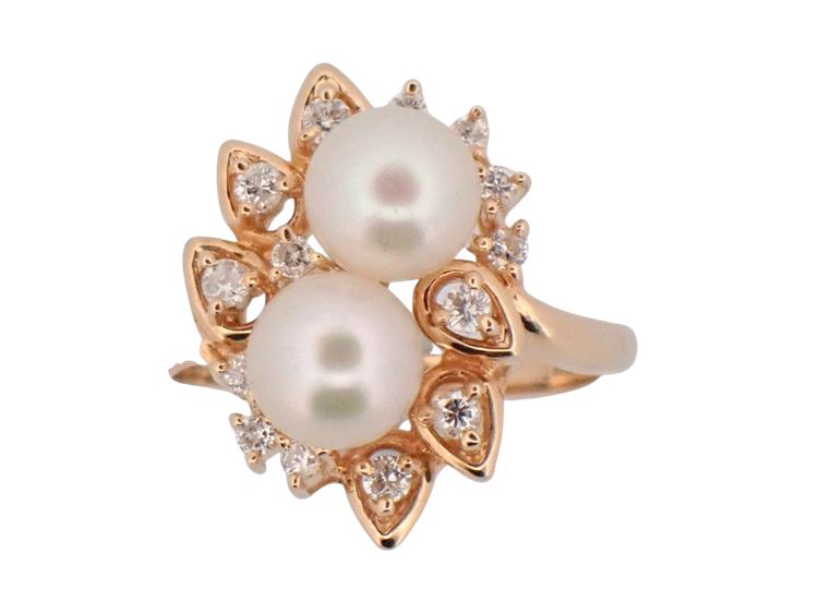 14K Yellow Gold Cultured Pearls and Diamond Cluster Ring