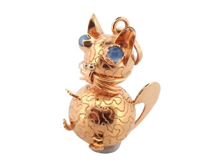 14K Yellow Gold Cat Charm w/Blue Chalcedony Eyes