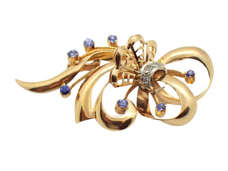 18K Rose & White Gold Retro Spray Sapphire & Diamond Brooch, c. 1945