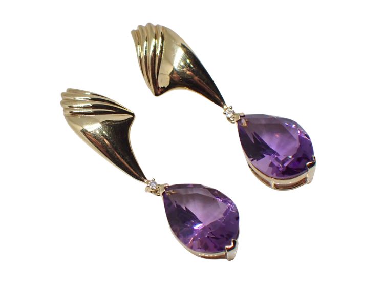 14K Yellow Gold Amethyst and Diamond Drop Earrings