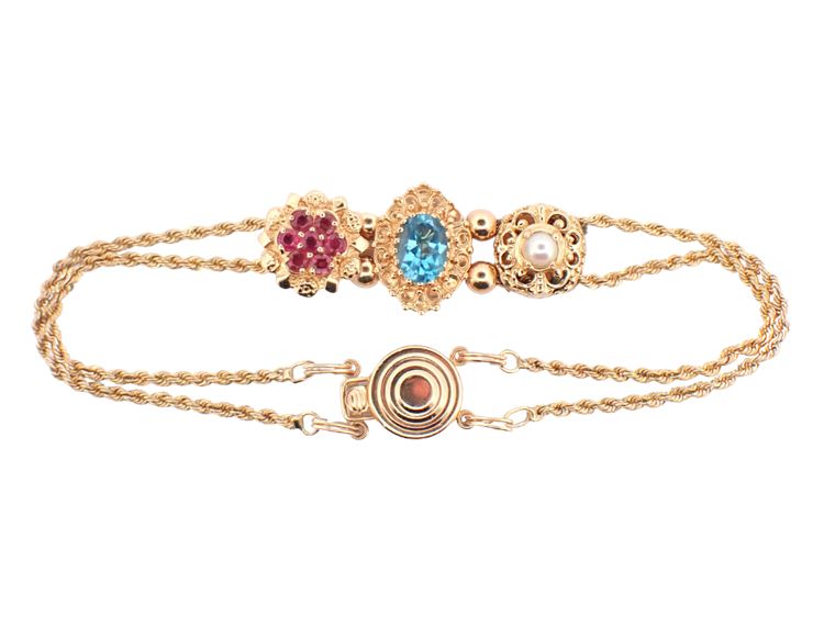 14K Yellow Gold 3-Slide Ruby, Blue Topaz and Pearl Bracelet