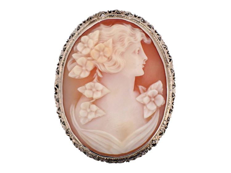 14K White Gold Shell Cameo Brooch/Pendant