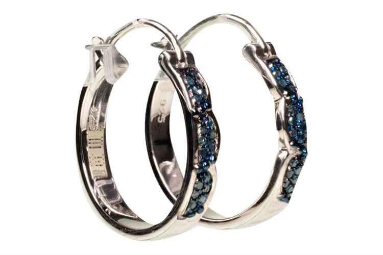 Blue Diamond Sterling Silver Hoop Earrings