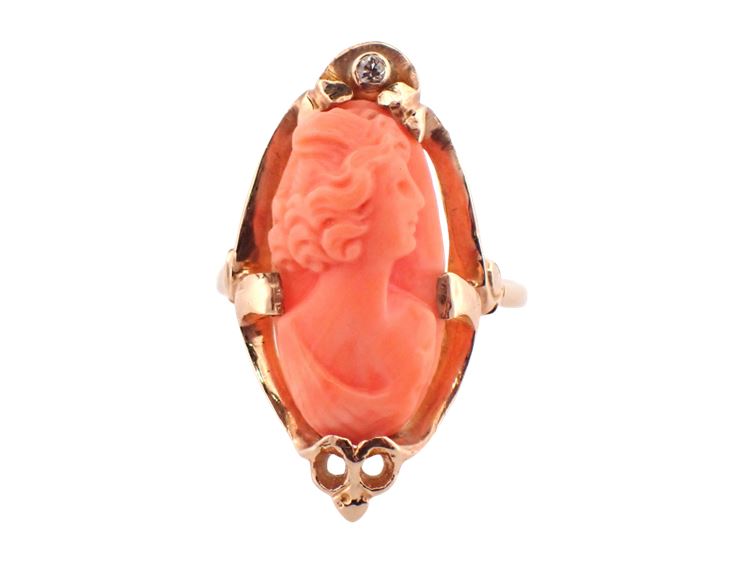 14K Yellow Gold Coral Cameo Ring with Diamond