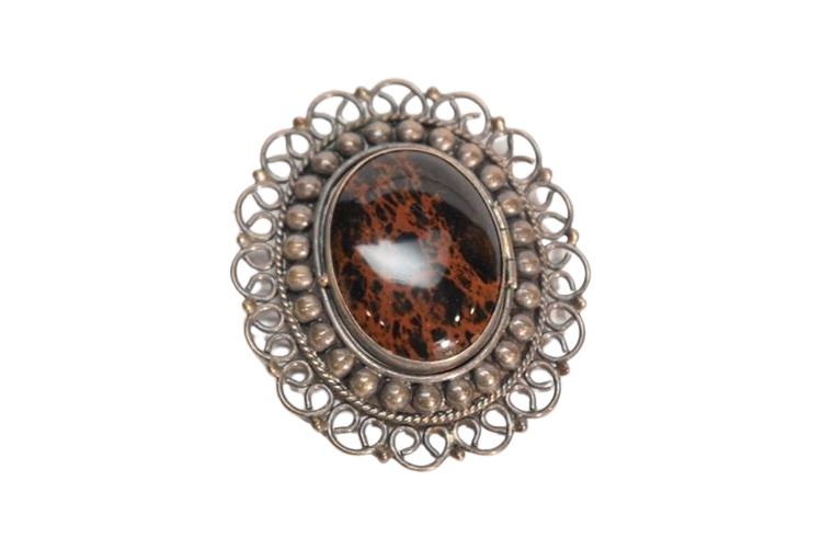 Sterling and Polished Stone Brooch