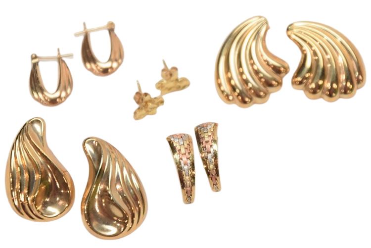 Five (5) Pairs Of 14K Yellow Gold Earrings