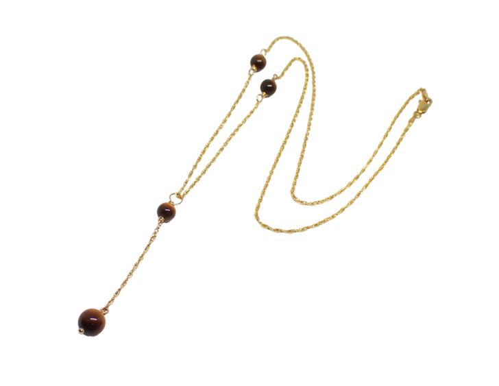 14K Yellow Gold "Y" Necklace with Tiger Eye Beads (New)