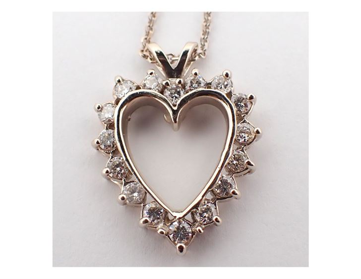 14K White Gold 0.80 ct. Diamond Heart Shaped Pendant and Chain