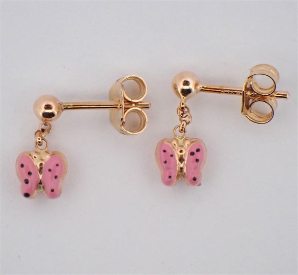 14K Yellow Gold Pink Enamel Butterfly Earrings