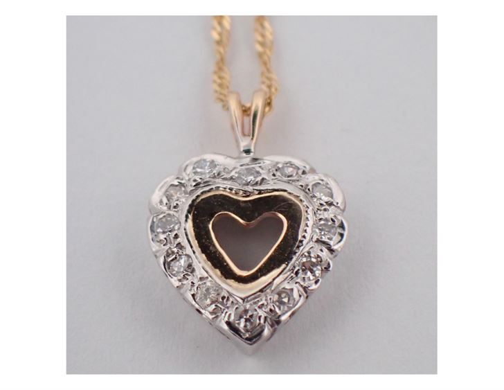 14K Yellow Gold and White Gold Diamond Heart Pendant and Chain